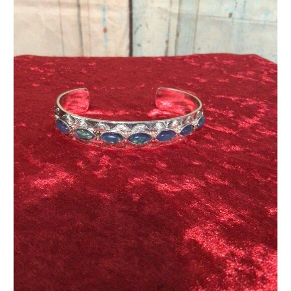 Faux Blue Opal Silver Tone Cuff Bracelet - Picture 1 of 10